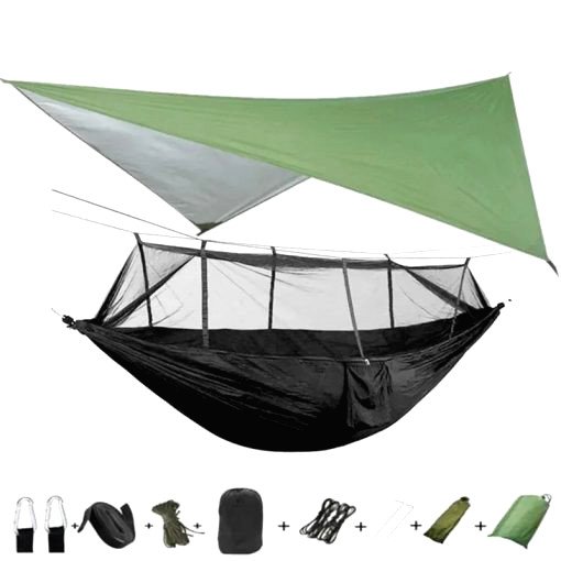 Mosquito net hammock and tarpaulin